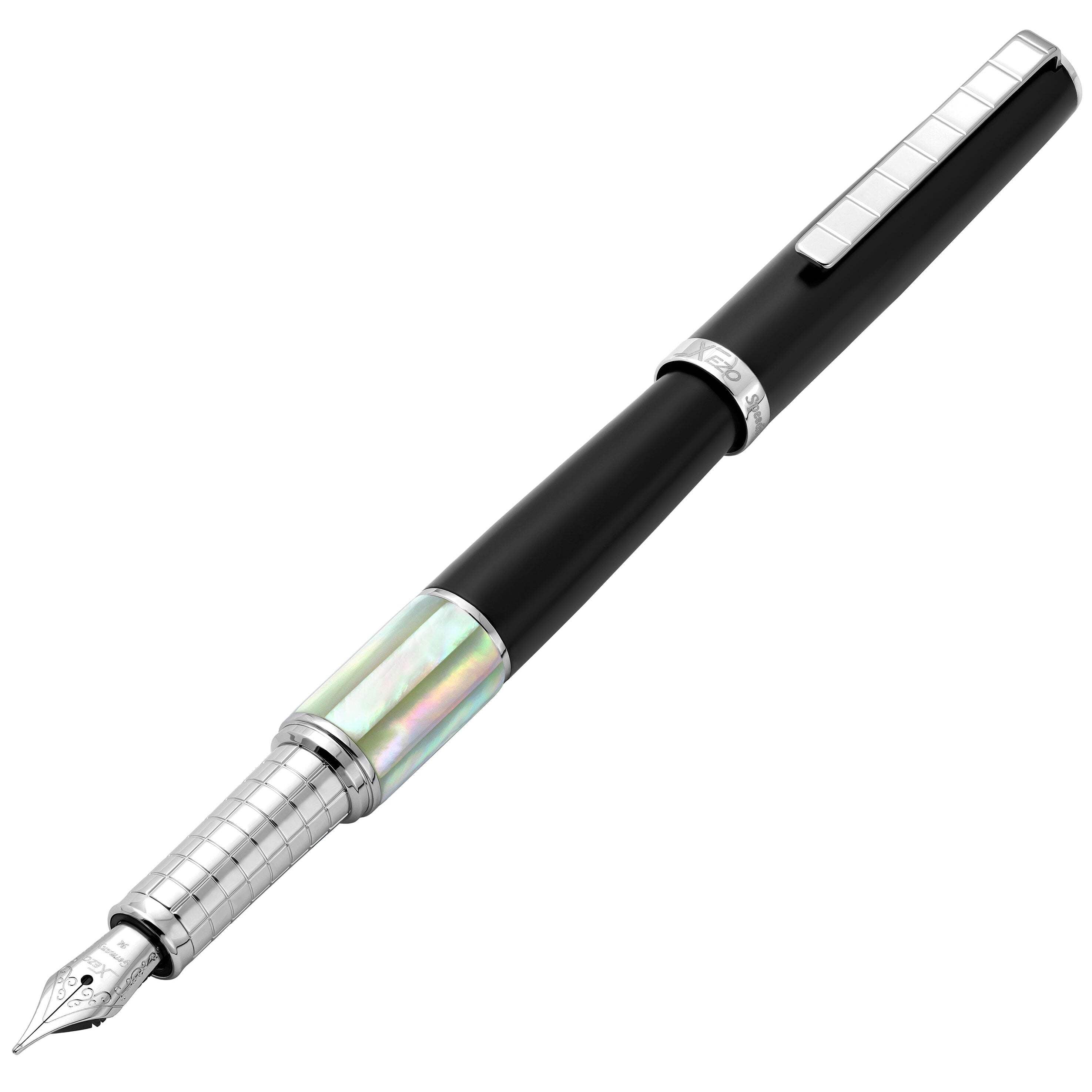 Xezo Speedmaster® Black Brass Fountain Pen (Medium Nib) - With White Mother of Pearl