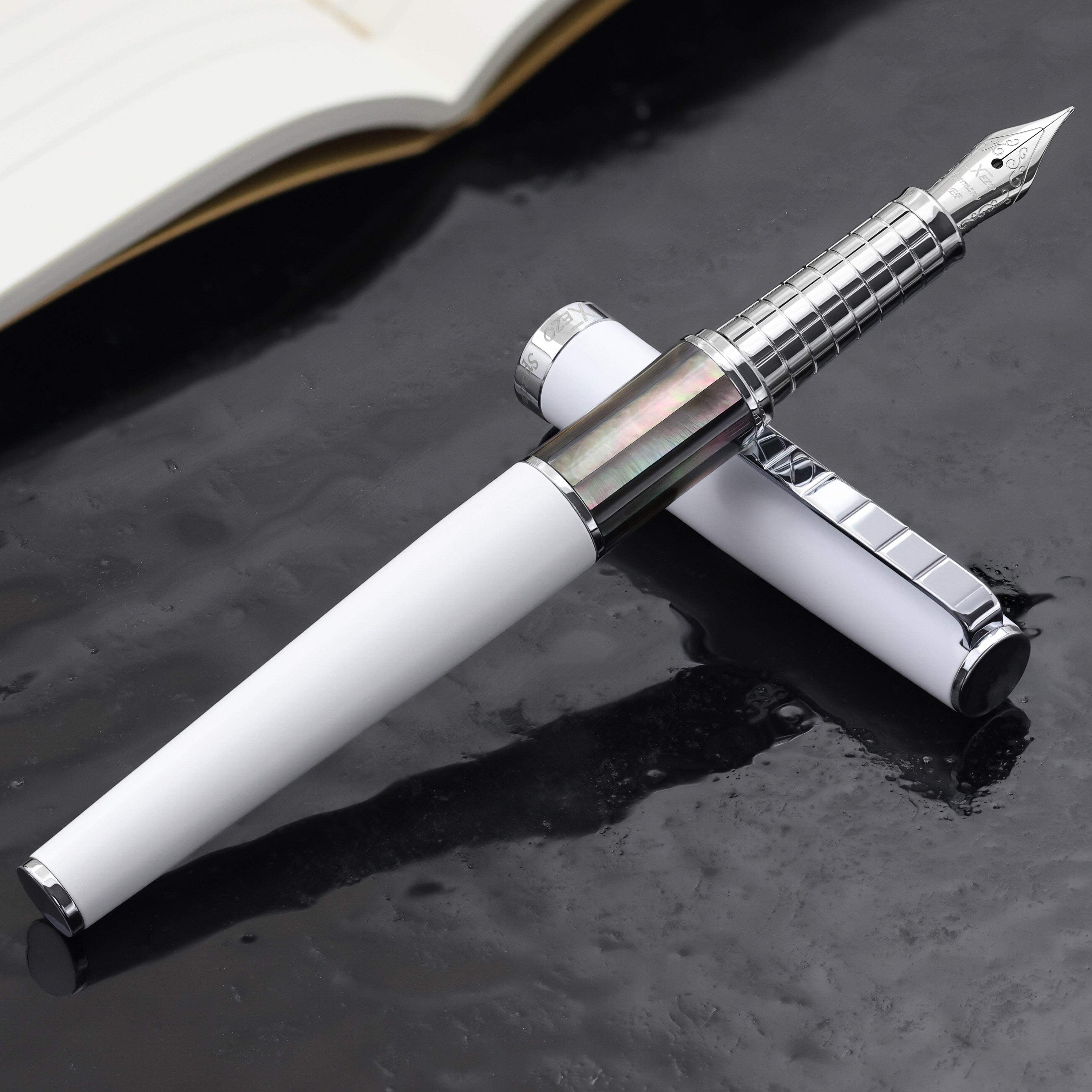 Xezo Speedmaster® White Brass Fountain Pen (Extra Fine Nib) - With Tahitian Black Mother of Pearl