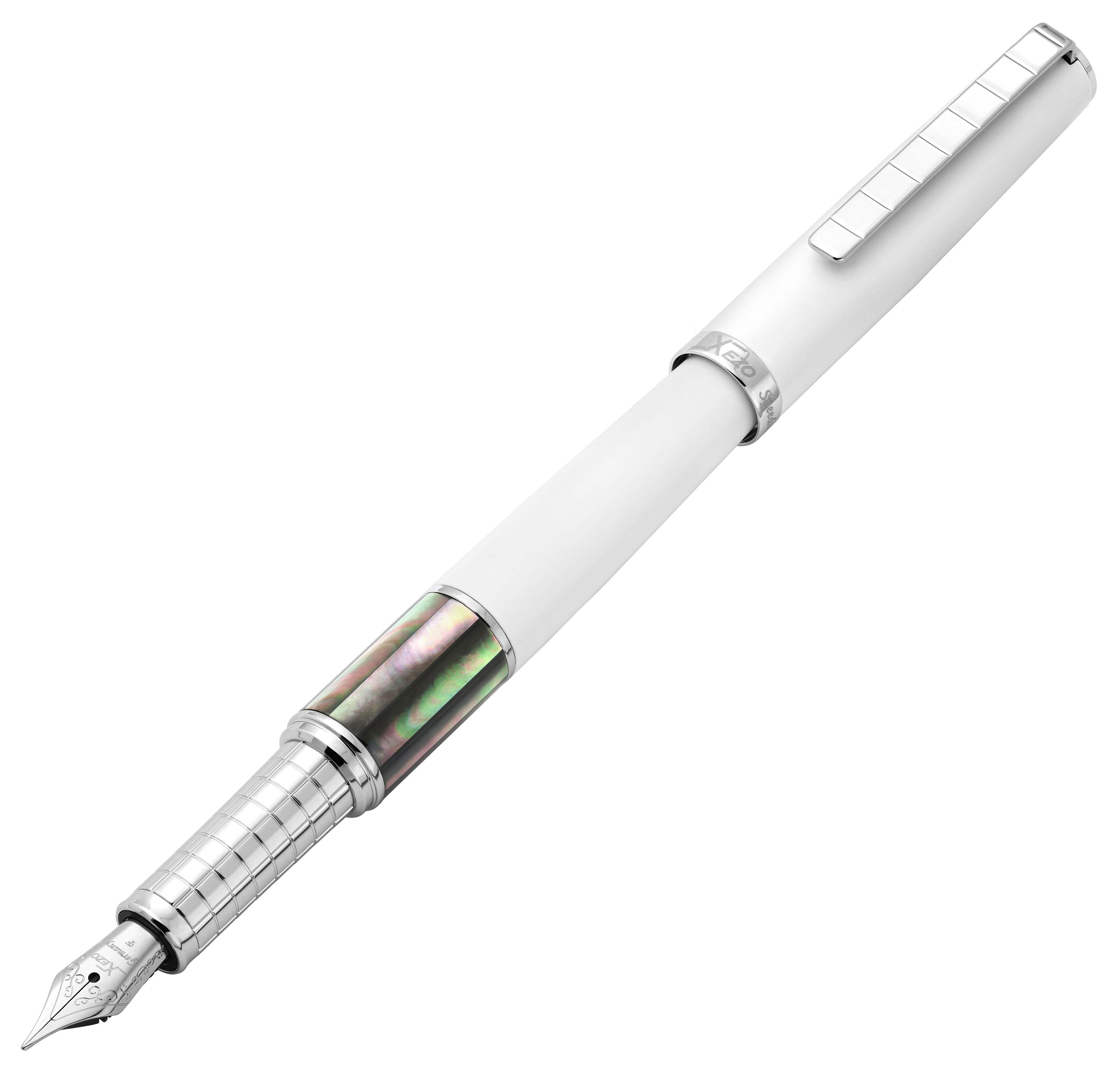 Xezo Speedmaster® White Brass Fountain Pen (Fine Nib) - With Tahitian Black Mother of Pearl