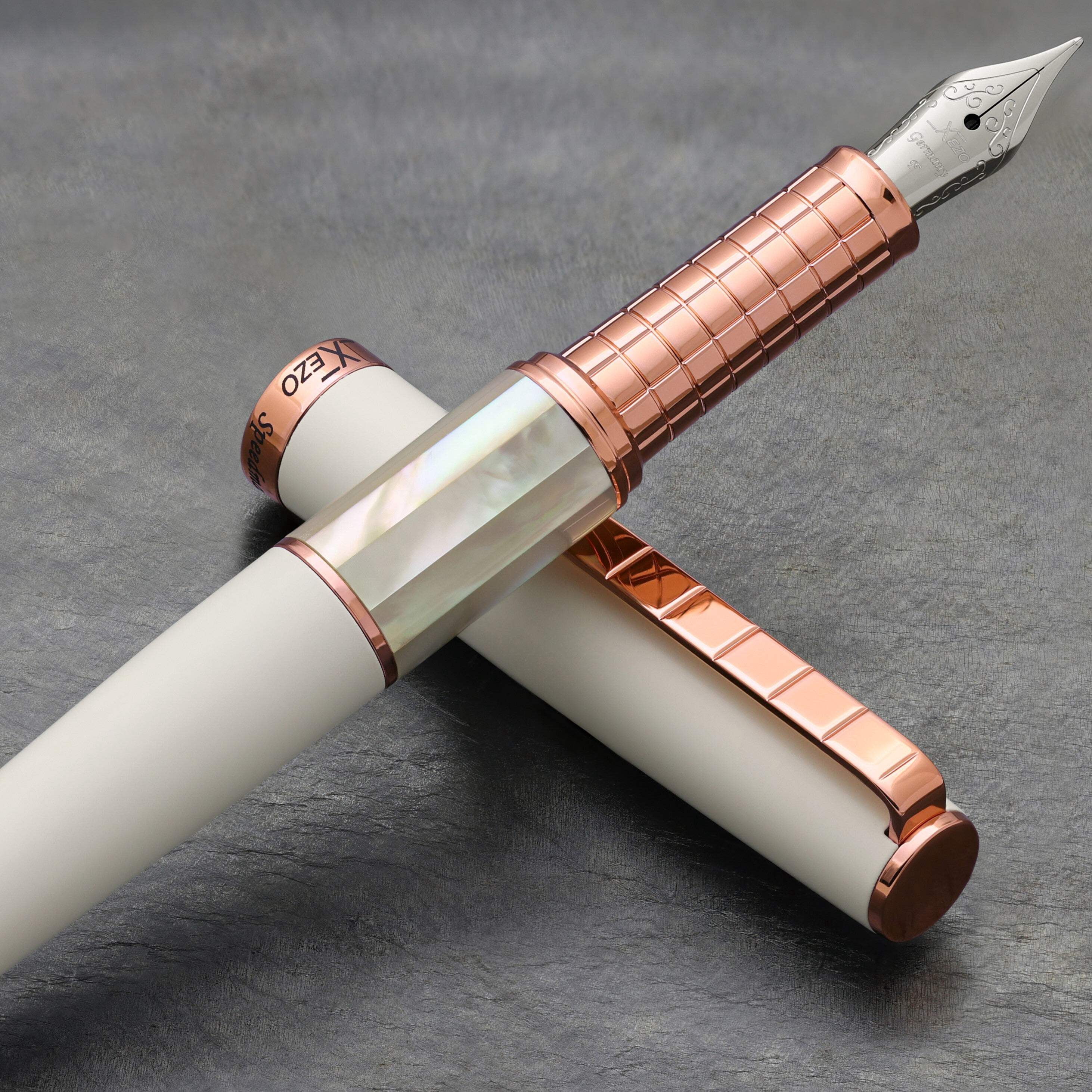Xezo Speedmaster® White Brass Fountain Pen (Fine Nib) - With White Mother of Pearl  Rose Gold