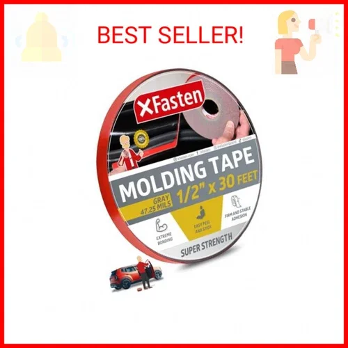 Xfasten Super Strength Automotive Molding Tape, Gray, 1/2-Inch X 30-Foot, Double