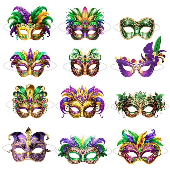 Xfvqtps 12 PCS Mardi Gras Mask for Women Paper Masquerade Masks Multicolored Feather Carnival Mask for Makeup Performance Ball Party C-12 PCS
