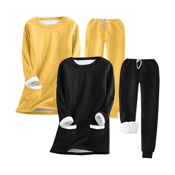 Xfvqtps 2 PCS Womens Pajama Set with Pocket Pullover Color Blocking Round Neck Plush Lining Thickened Insulation Warm Winter House Leisure Wear Long Sleeved Top and Pants Set Black+Yellow