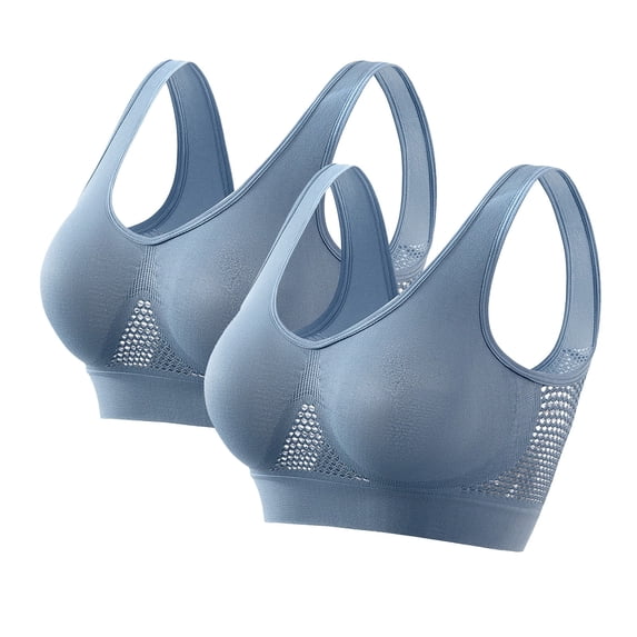 Xfvqtps 2PC Large Size Sports Bras for Women Mesh Hollow out Wireless Standard Strap Solid Color Elastic Pullover Comfortable Breathable Yoga Bra Blue*2