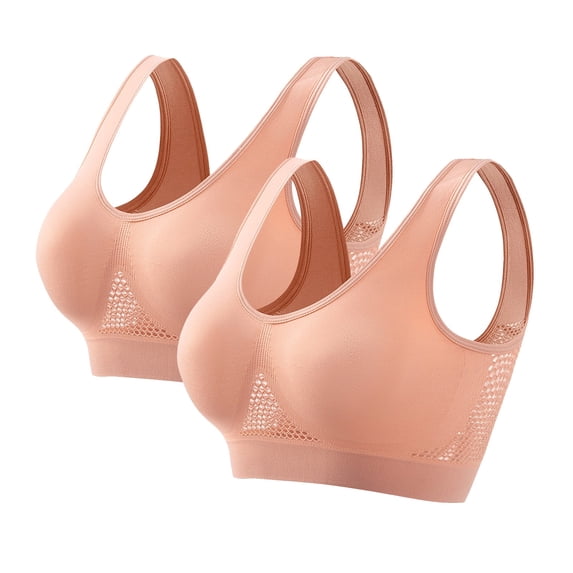 Xfvqtps 2PC Large Size Sports Bras for Women Mesh Hollow out Wireless Standard Strap Solid Color Elastic Pullover Comfortable Breathable Yoga Bra Orange Pink*2