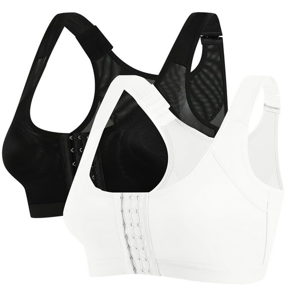 Xfvqtps 2PC Large Size Sports Bras for Women Back Mesh Cross Buckle Strap Front Multi Row Buckle No Underwire Breathable Yoga Bra Black White