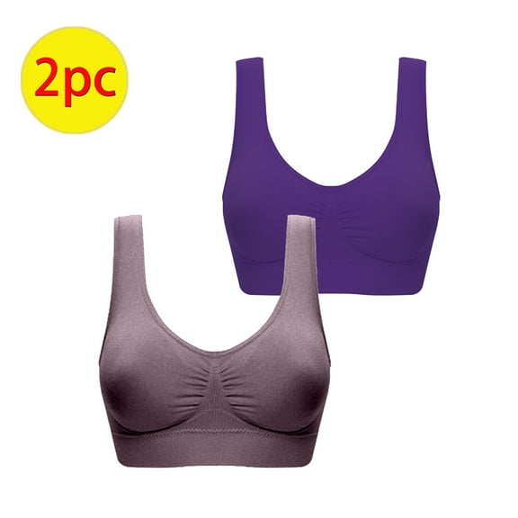 Xfvqtps 2PC Sports Bras for Women Wireless Standard Strap Elastic Pullover Comfortable Breathable Yoga Bra Gray Deep Purple