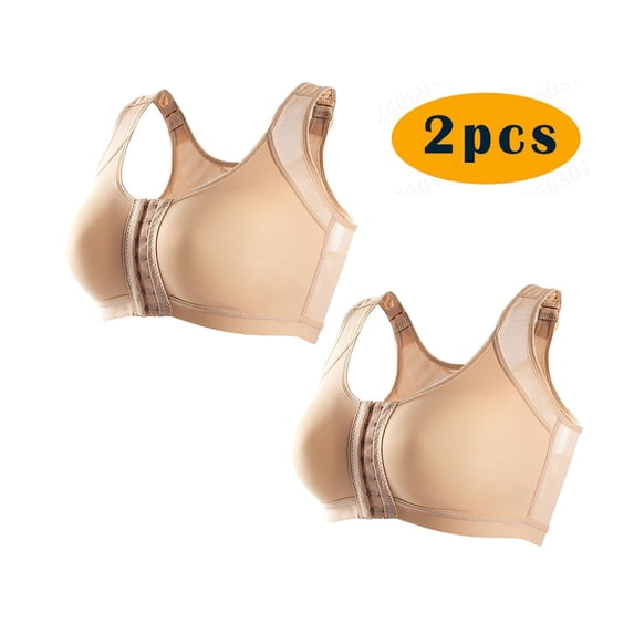 Xfvqtps 2PC Women Sports Bra for Large Breasts Front Multi Row Buckle Adjustable Shoulder Strap Elastic Yoga Workout Bras Beige