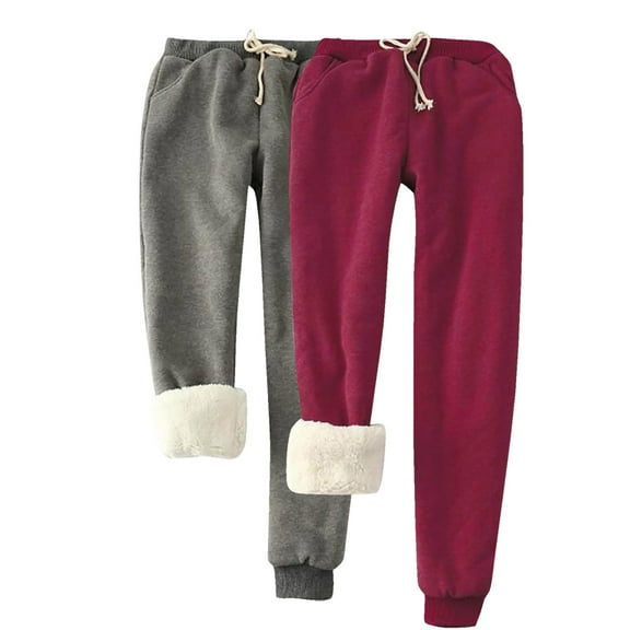 Xfvqtps 2PC Womens Pajama Pants Plush Lining Thickened Insulation Warm Winter Home Sweatpants Adjustable Drawstring Jogger Track Pants Athletic Active Lounge Pants Dark Gray+Red M