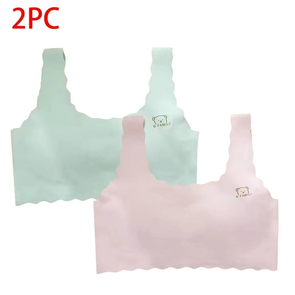 Xfvqtps 2PCS Girls Bras with Padded Fixed Cup Seamless Ice Silk Cooling Breathable Comfortable Wavy Edge Training Bra for Teen Big Kids Cute Bear Print Girls Bras for 8-16 Years Green Pink