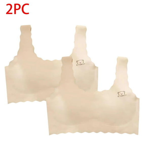 Xfvqtps 2PCS Girls Bras with Padded Fixed Cup Seamless Ice Silk Cooling Breathable Comfortable Wavy Edge Training Bra for Teen Big Kids Cute Bear Print Girls Bras for 8-16 Years Beige+Beige