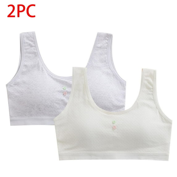 Xfvqtps 2PCS Girls Sports Bras with Padded Fixed Cup Seamless Cotton Mesh Breathable Comfortable Solid Color Training Bra for Teen Flower Shaped Button Decor Girls Bras for 10-16 Years Gray+White