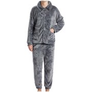Xfvqtps 3 PCS Mens Fuzzy Pajama Set Open Front with Button Long Sleeve Long Leg Pockets Solid Color Thickened Cozy Soft House Wear Casual Warm Winter Flannel Top Pants and Scarf Set Gray
