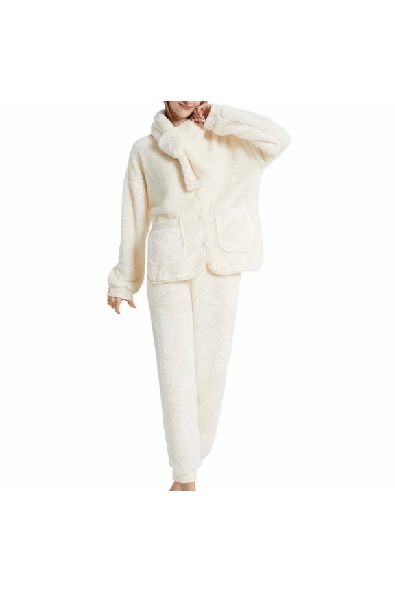 3 PCS Womens Fuzzy Pajama Set Open Front with Button Long Sleeve Long Leg Pockets Solid Color Thickened Cozy Soft House Wear Casual Warm Winter Flannel Top Pants and Scarf Set Beige