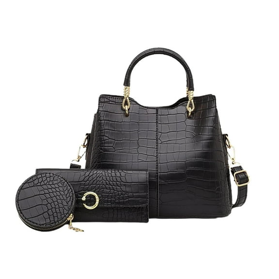 Xfvqtps 3 PCS Womens Tote Bag Handbag and Coin Purses Solid Color Embossed Large Capacity Multifunctional Fashion Retro Style Leather Handbags Set Black