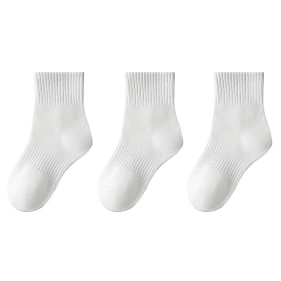 Xfvqtps 3 Pairs Children Boys and Girls Crew Socks Mid Tube Solid Color Sweat Absorbing Comfort Breathable Soft Cotton Socks for 3-16 Years White