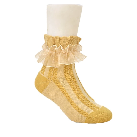 Xfvqtps 3 Pairs Girls Ruffle Socks Lace Mid Tube Sweet Princess Elastic Comfort Breathable Soft Frilly Socks Yellow