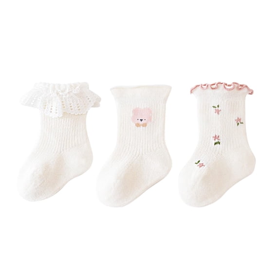 Xfvqtps 3 Pairs Kids Baby Infant Toddler Ruffle Socks Bowknot Cute Bear Flower Print Solid Color Cute Princess Comfortable Breathable Cotton Socks for 0-12 Years White