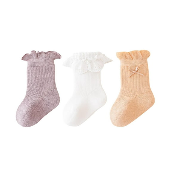 Xfvqtps 3 Pairs Kids Baby Infant Toddler Ruffle Socks Bowknot Lace Solid Color Cute Princess Comfortable Breathable Cotton Socks for 0-12 Years Orange
