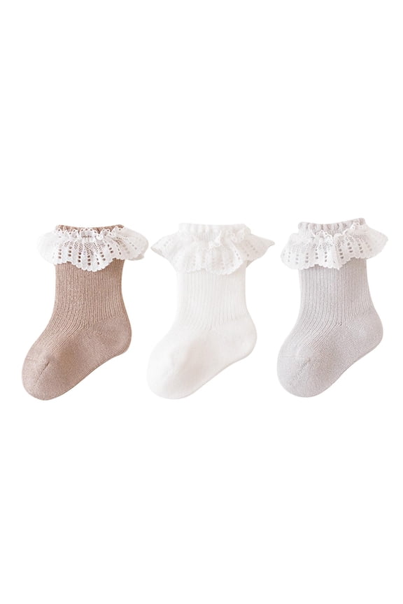 3 Pairs Kids Baby Infant Toddler Ruffle Socks Lace Solid Color Cute Princess Comfortable Breathable Cotton Socks for 0-12 Years Khaki