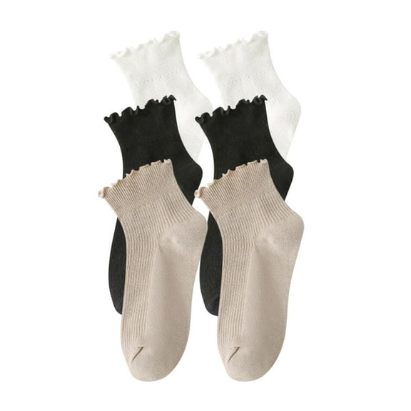 Xfvqtps 3 Pairs Womens Thread Socks with Wooden Ear Edges Mid Tube Solid Colored Premium Comfort Soft Cozy Warm Cotton Socks Brown