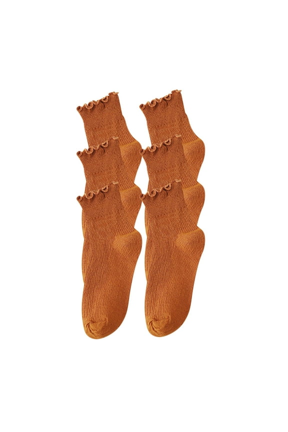 3 Pairs Womens Thread Socks with Wooden Ear Edges Mid Tube Solid Colored Premium Comfort Soft Cozy Warm Cotton Socks Coffee