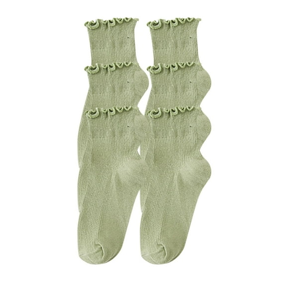 Xfvqtps 3 Pairs Womens Thread Socks with Wooden Ear Edges Mid Tube Solid Colored Premium Comfort Soft Cozy Warm Cotton Socks Green