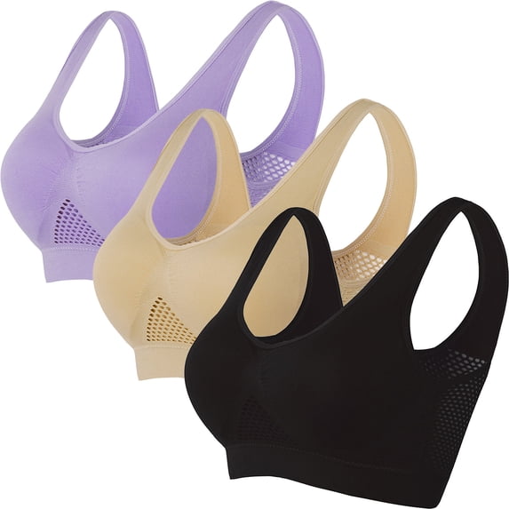Xfvqtps 3PC Sports Bras for Women Mesh Hollow out Wireless Standard Strap Round Neck Elastic Pullover Comfortable Breathable Yoga Bra Multicolor-13