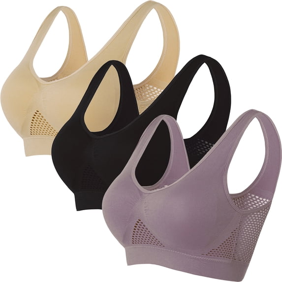Xfvqtps 3PC Sports Bras for Women Mesh Hollow out Wireless Standard Strap Round Neck Elastic Pullover Comfortable Breathable Yoga Bra Multicolor-19
