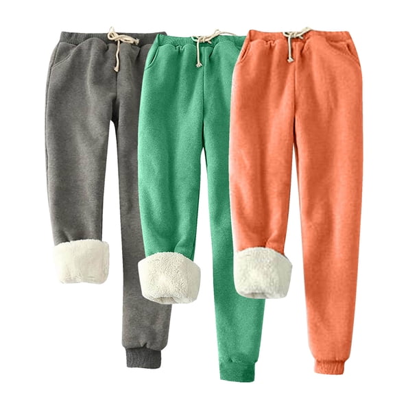 Xfvqtps 3PC Womens Pajama Pants Adjustable Drawstring Plush Lining Thickened Insulation Warm Winter Home Sweatpants Jogger Track Pants Athletic Active Lounge Pants Gray+Green+Orange M