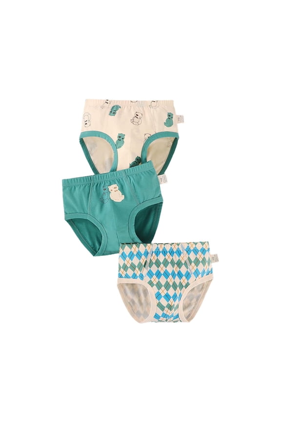 3PCS Toddler Little Boys Underwear Briefs Cotton Soft Bear Print Grid Pack for Boys Age 2-9 Years Green