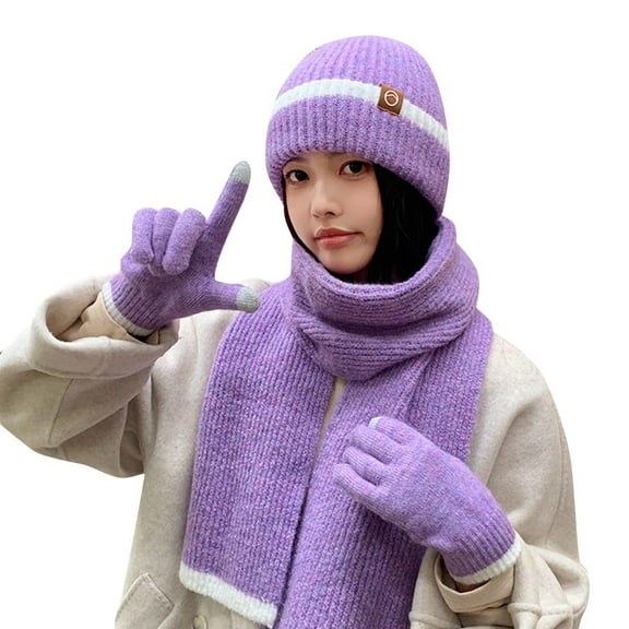 Xfvqtps 3PCS Womens Hat Scarf Gloves Three-Piece Set Knitted Simplicity Fashionable All-Match Ear Protection Pullover Warm Winter Hat Mitten Scarf Set Purple