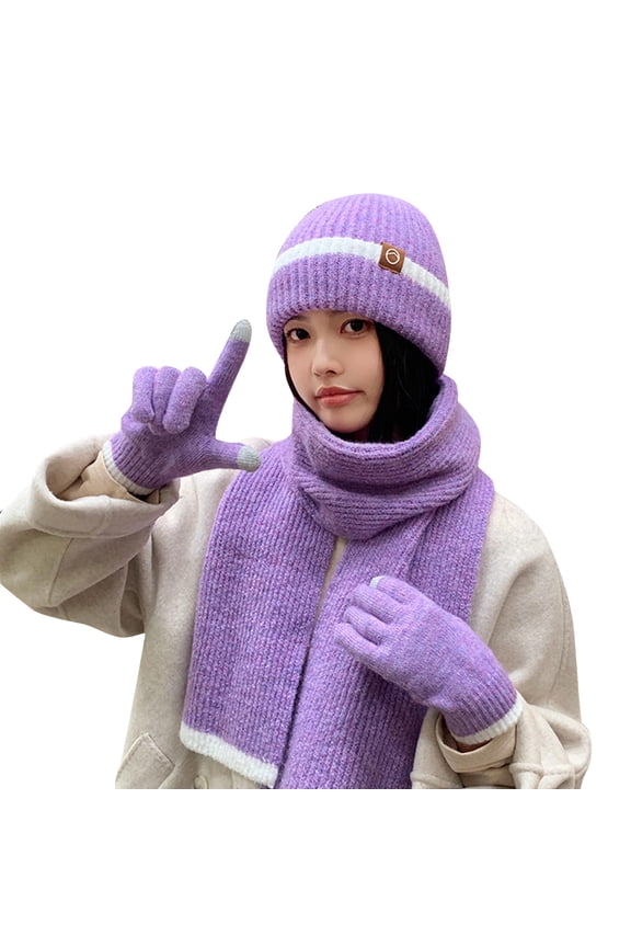 3PCS Womens Hat Scarf Gloves Three-Piece Set Knitted Simplicity Fashionable All-Match Ear Protection Pullover Warm Winter Hat Mitten Scarf Set Purple
