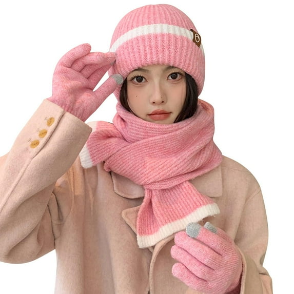 Xfvqtps 3PCS Womens Hat Scarf Gloves Three-Piece Set Knitted Simplicity Fashionable All-Match Ear Protection Pullover Warm Winter Hat Mitten Scarf Set Pink