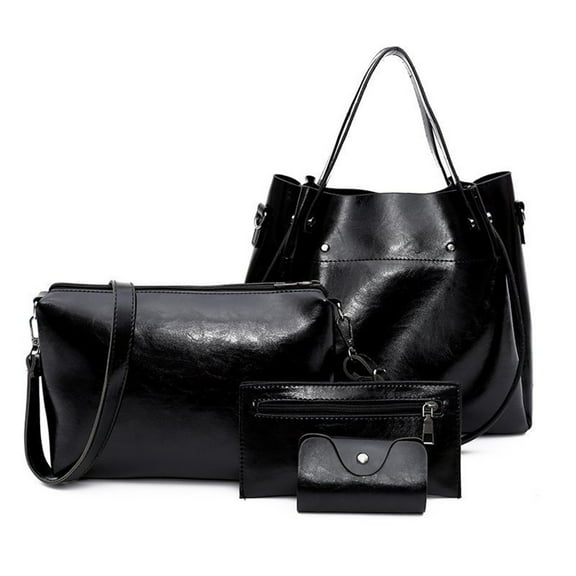 Xfvqtps 4 PCS Womens Tote Bag Crossbody Bag Handbag and Credit Card Wallet Solid Color Large Capacity Multifunctional Oil Wax Leather Handbags Set Black