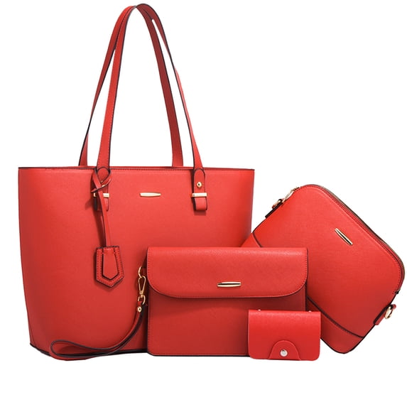 Xfvqtps 4 PCS Womens Tote Bag Crossbody Bag Handbag and Credit Card Wallet Solid Color Large Capacity Multifunctional Bag Set Red