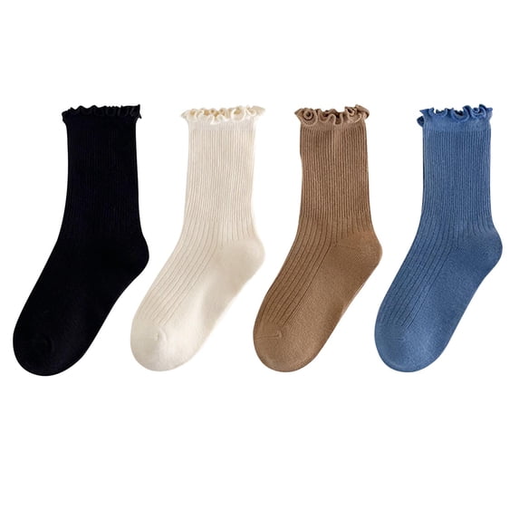 Xfvqtps 4 Pairs Children Girls Ruffle Socks Lace Solid Color Mid Tube Ankle Soft Comfort Breathable Cotton Socks Black