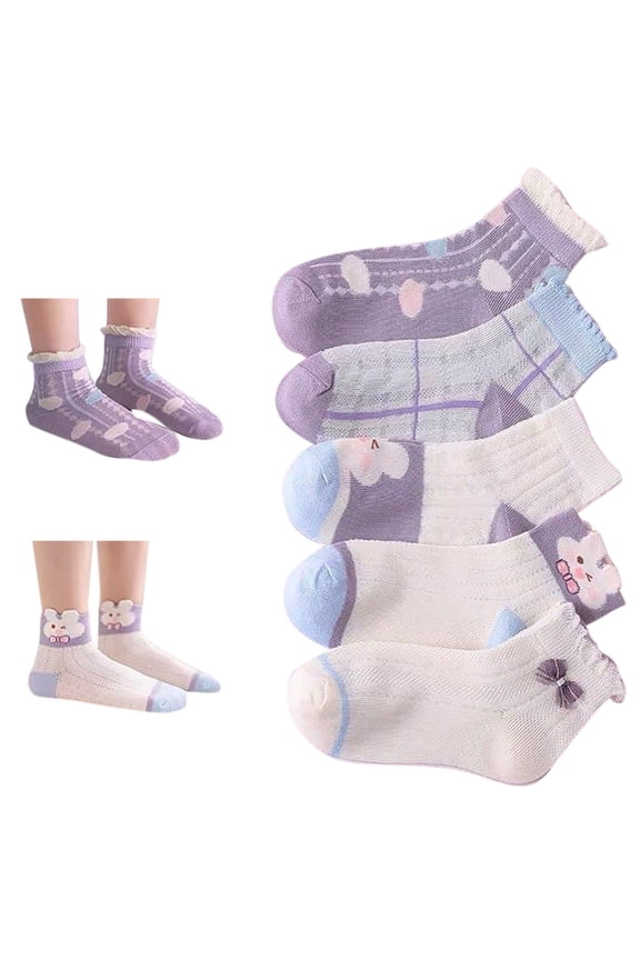 5 Pairs Girls Cute Socks Purple Series Cute Cartoon Pattern Lace Sweet Princess Elastic Comfort Breathable Soft Cotton Socks Purple