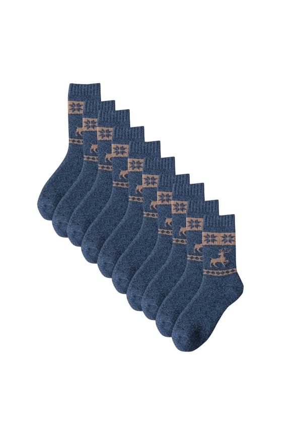 5 Pairs Mens Crew Socks Mid Tube Deer Pattern Knitting Thickened Sweat Absorbing Breathable Comfort Soft Warm Cotton Socks Blue