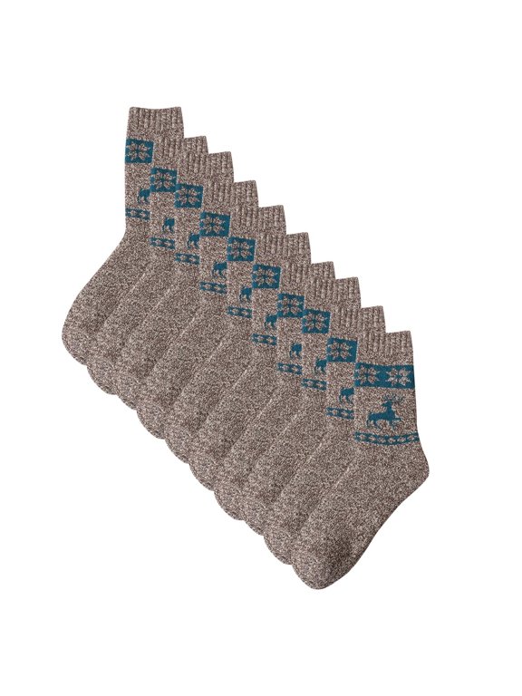 5 Pairs Mens Crew Socks Mid Tube Deer Pattern Knitting Thickened Sweat Absorbing Breathable Comfort Soft Warm Cotton Socks Coffee