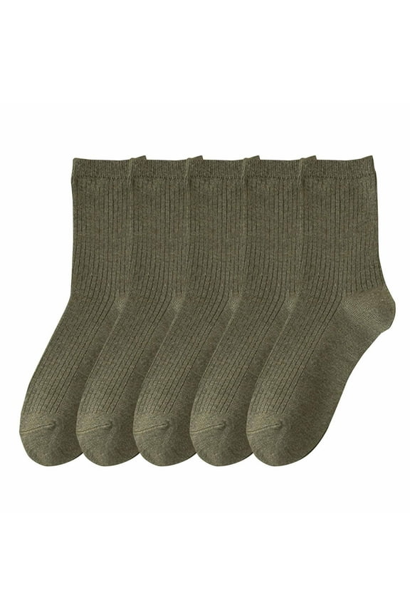 5 Pairs Mens Crew Socks Solid Color Simplicity Non Shedding Elastic Premium Comfortable Soft Cozy Cotton Socks Army Green