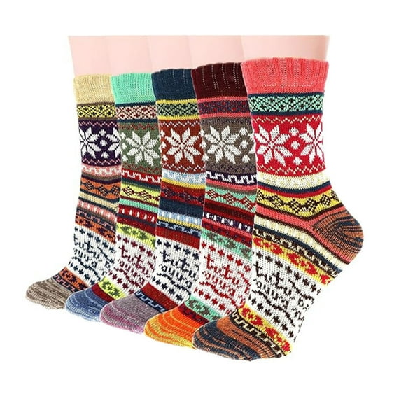 Xfvqtps 5 Pairs Womens Christmas Socks Mid Tube Knitting Thick Wool Multicolored Vintage Printing Ethnic Christmas Accessories Warm Winter Socks Multicolor-08