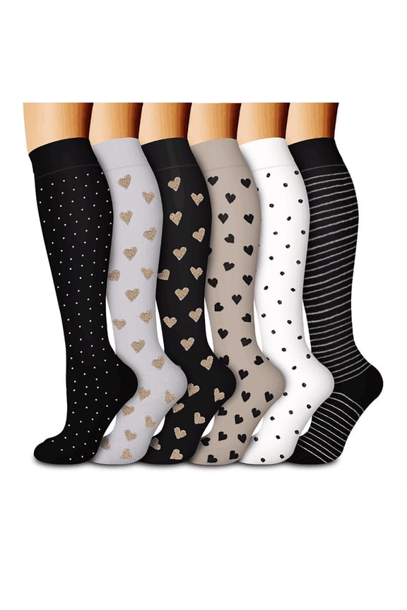 6 Pairs Socks for Womens Striped Heart Polka Dot Pattern Black and Brown Long Knee High Tube Socks Warmth Winter Pressure Socks Multicolor