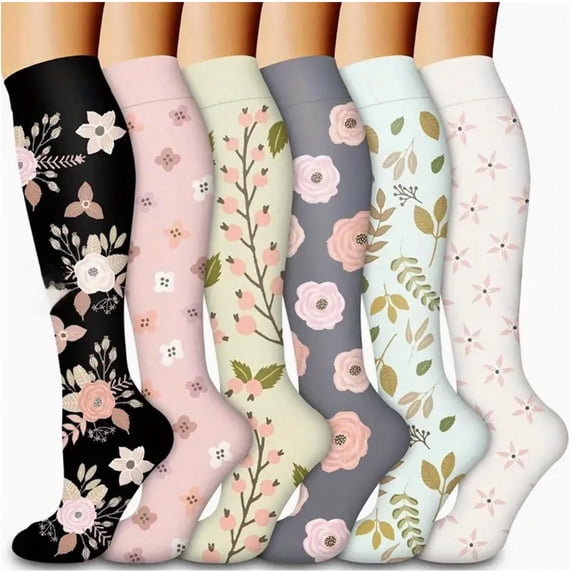 Xfvqtps 6 Pairs Socks for Womens Flower Pattern Long Knee High Home Tube Socks Warmth All-Season Highly Elastic Socks
