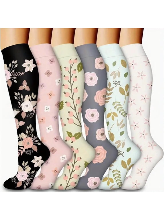 6 Pairs Socks for Womens Flower Pattern Long Knee High Home Tube Socks Warmth All-Season Highly Elastic Socks
