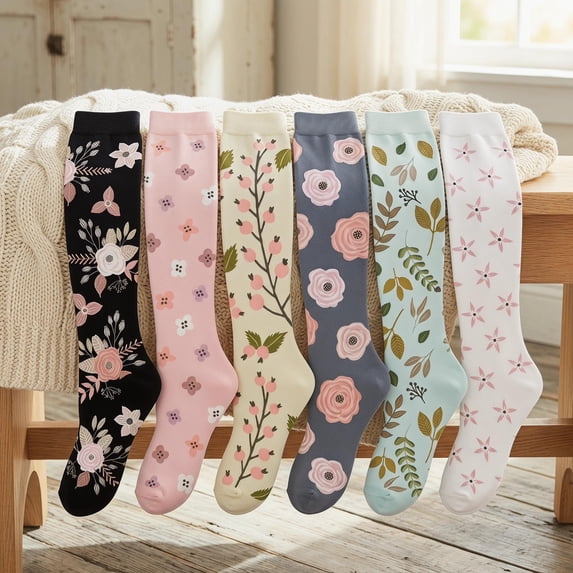 Xfvqtps 6 Pairs Socks for Womens Flower Pattern Long Knee High Home Tube Socks Warmth Winter Pressure Socks