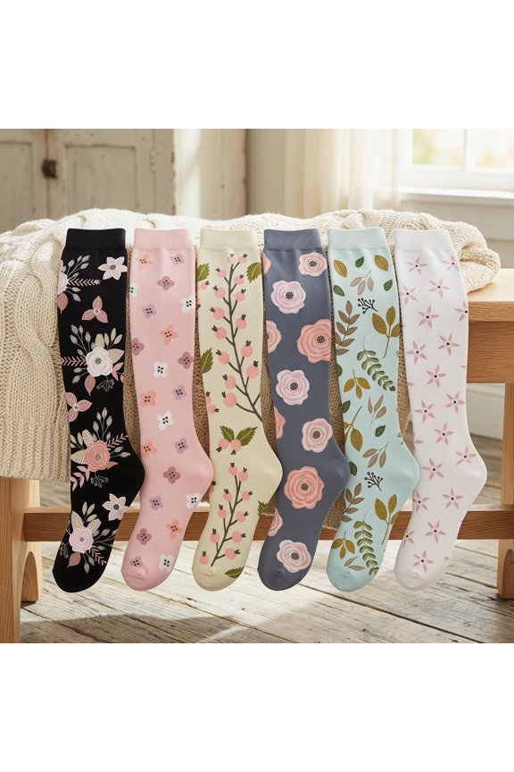 6 Pairs Socks for Womens Flower Pattern Long Knee High Home Tube Socks Warmth Winter Pressure Socks