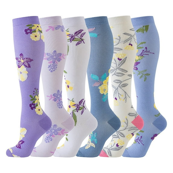 Xfvqtps 6 Pairs Knee High Socks for Womens Flower Pattern Long Tube Home Socks Warmth Winter Pressure Socks Multicolor-02