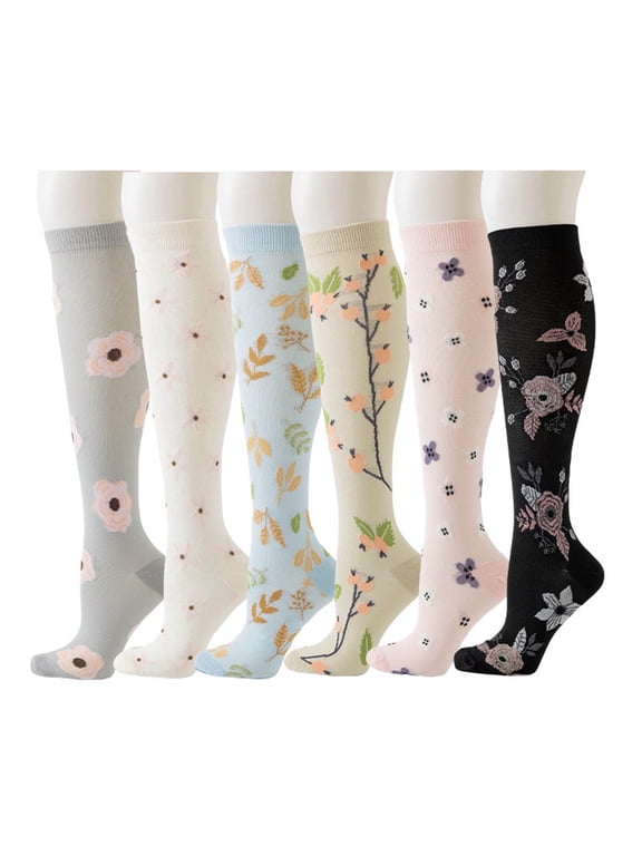 6 Pairs Socks for Womens Flower Pattern Long Knee High Home Tube Socks Warmth All-Season Highly Elastic Socks