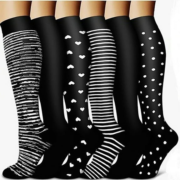 Xfvqtps 6 Pairs Socks for Womens Striped Heart Polka Dot Pattern Black Long Knee High Tube Socks Warmth Winter Pressure Socks Multicolor